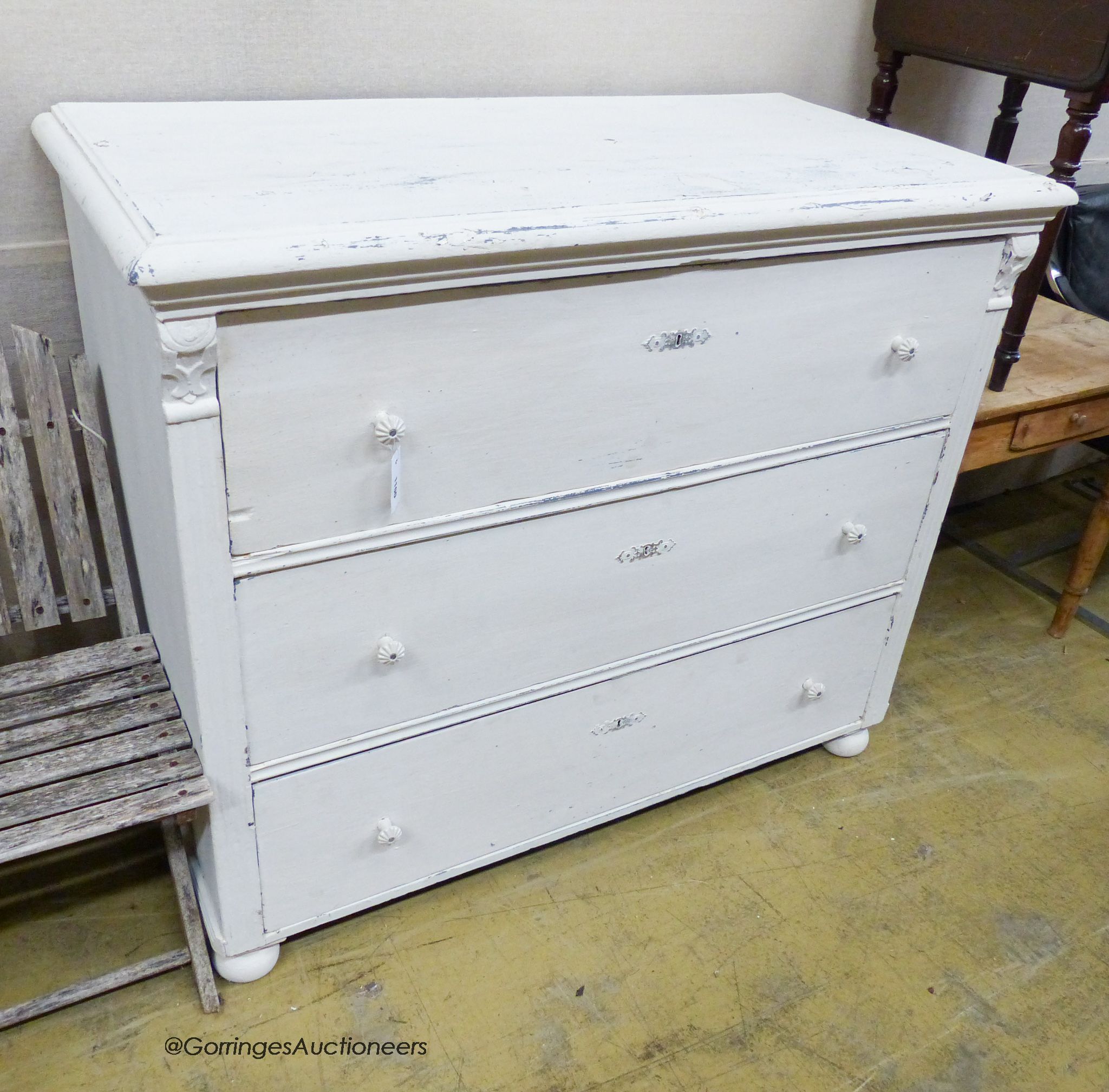 A 19th century Hungarian painted pine three drawer chest. W-126, D-61, H-109